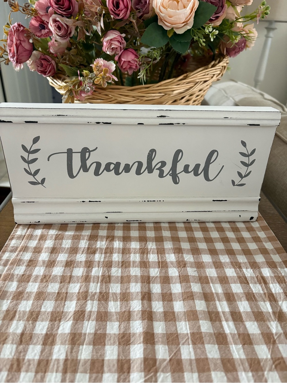 Thankful Wooden Sign - White with Gray Lettering